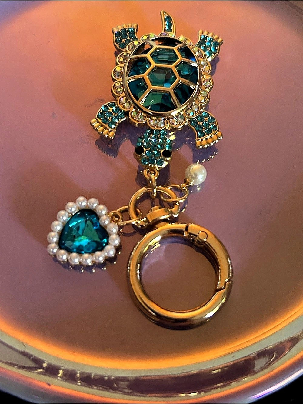 Turtle Rhinestone Keychain in Gold & Green